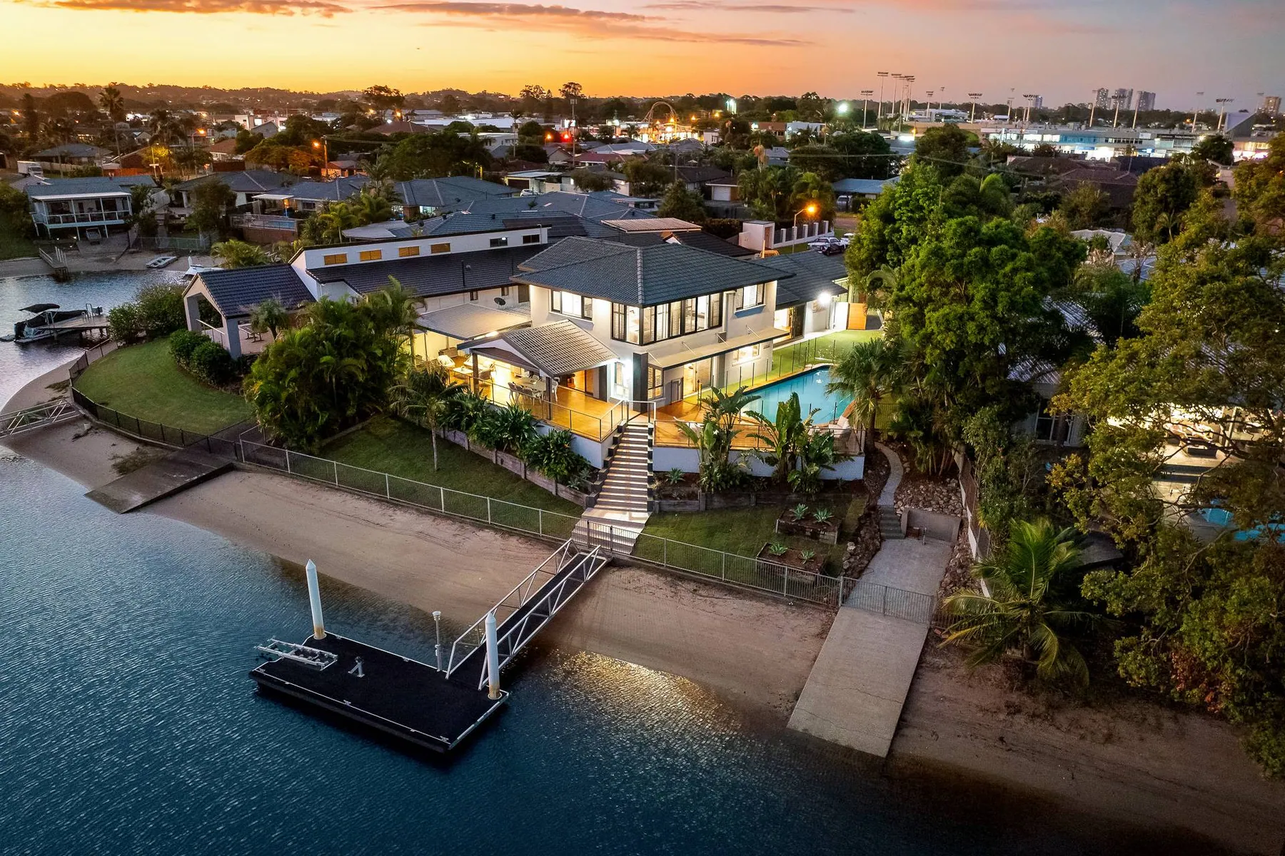 Waterfront at dusk, from above
